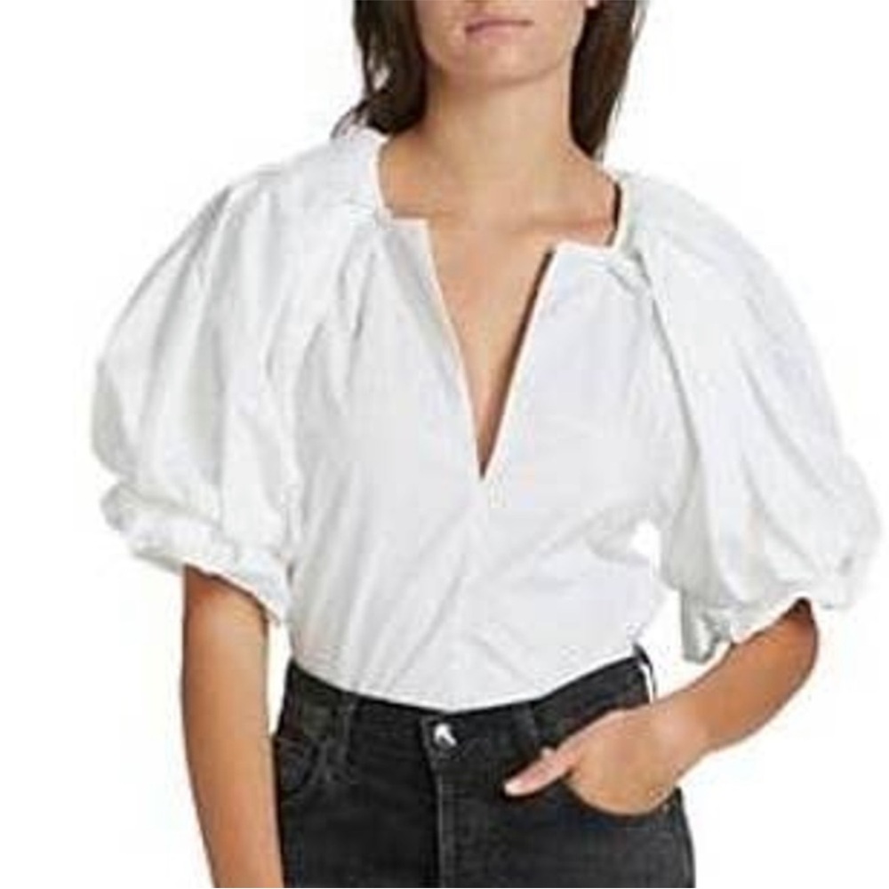 A.L.C. White Cara Puff Sleeve Split V neck Popover Cotton Blouse Size 6